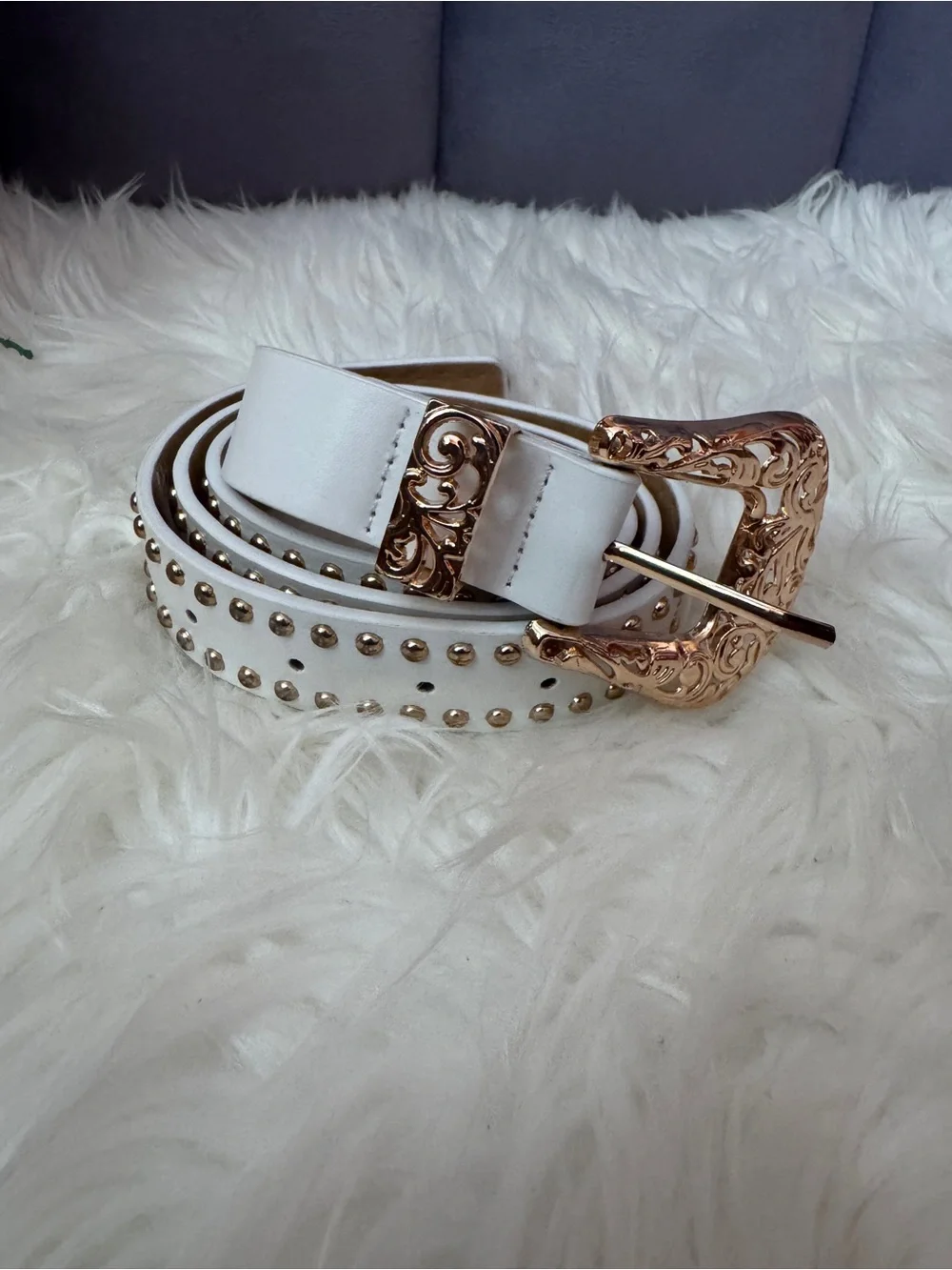 White Studded Faux Leather Belt with Ornate Gold Buckle
